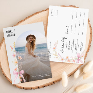Wildflower Photo Pink Bow Graduation Invitation Postcard