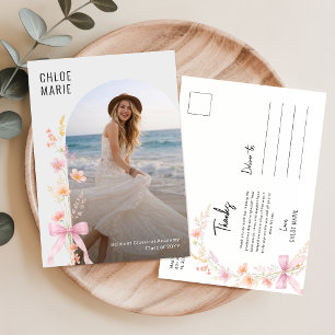 Wildflower Photo Pink Bow Graduation Thank You Postcard
