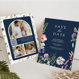 Wildflower Photo QR Code Navy Blue Wedding Save The Date