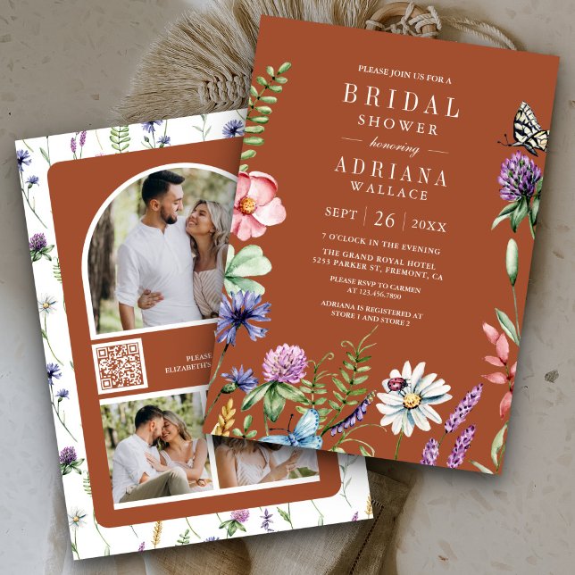 Wildflower Photo QR Code Terracotta Bridal Shower Invitation (Creator Uploaded)