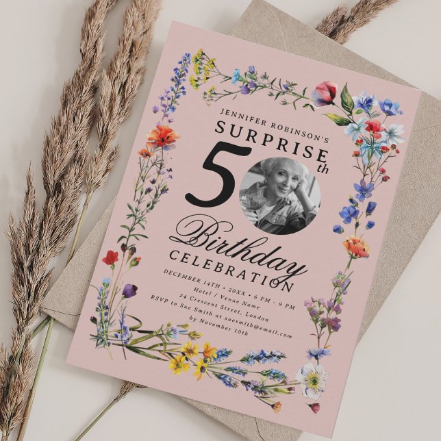 Wildflower Photo SURPRISE 50th Birthday Blush Invitation (Creator Uploaded)