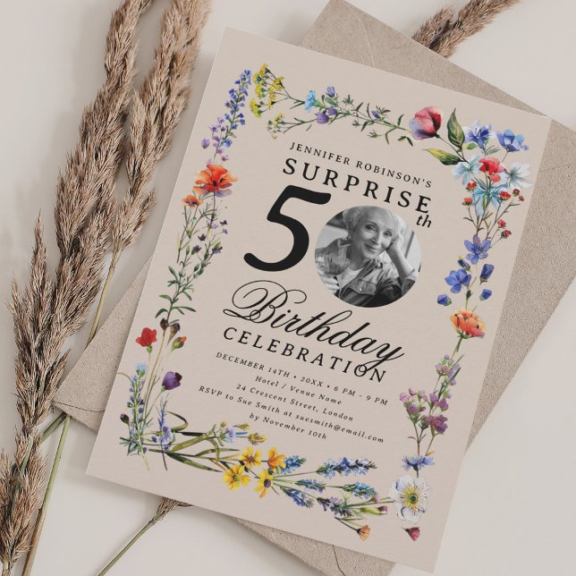 Wildflower Photo SURPRISE 50th Birthday Champagne Invitation (Wildflower Photo SURPRISE 50th Birthday Champagne Invitation)