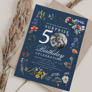 Wildflower Photo SURPRISE 50th Birthday Navy Blue Invitation