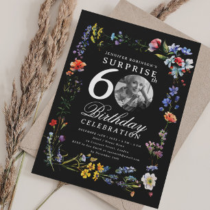 Wildflower Photo SURPRISE 60th Birthday Black  Invitation