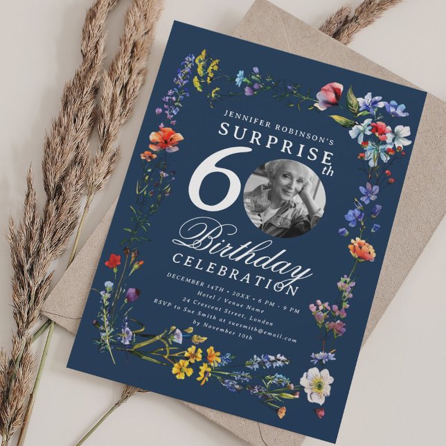 Wildflower Photo SURPRISE 60th Birthday Navy Blue Invitation (Wildflower Photo SURPRISE 60th Birthday Navy Blue Invitation)