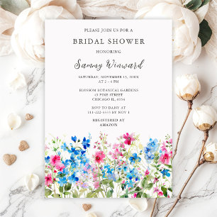 Wildflower Pink and Blue Floral Bridal Shower Invitation