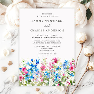Wildflower Pink and Blue Floral Wedding Invitation