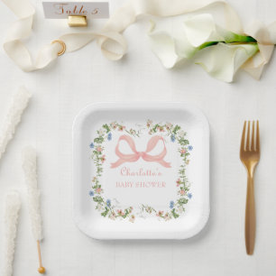 Wildflower Pink Bow Baby Shower Paper Plate
