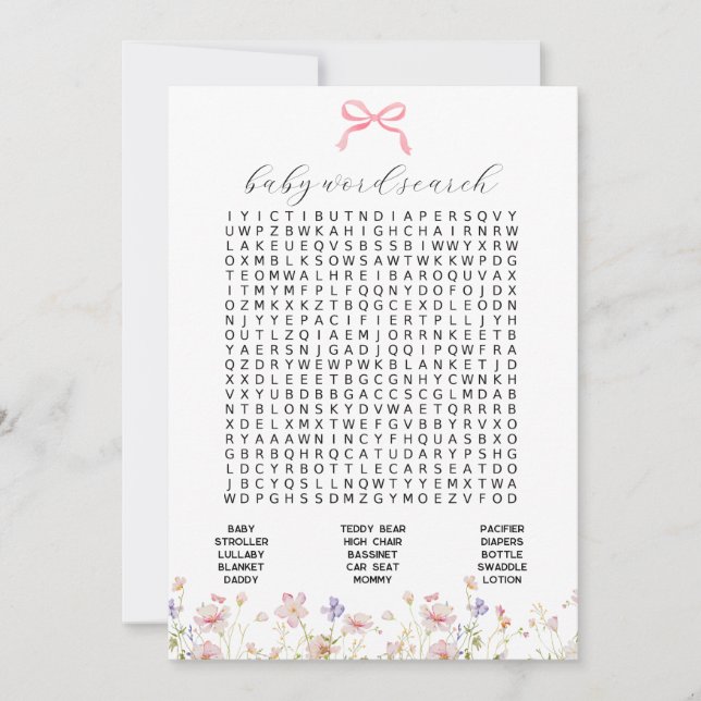 Wildflower Pink Bow Baby Word Search Game Card (Front)