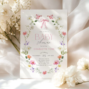Wildflower pink Bow Elegant Baby Shower Invitation