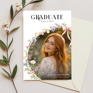 Wildflower Pink Bow Elegant Grad Photo Graduation Announcement