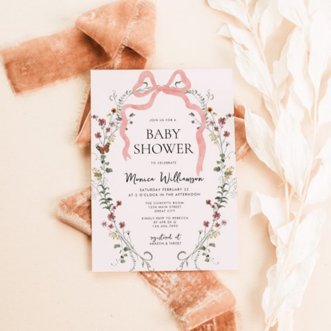 Wildflower Pink Bow Girl Baby Shower Invitation (Pink Bow Girls Baby Shower Invite)