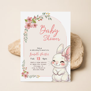 Wildflower Pink Bow Girl Bunny Baby Shower Invitation