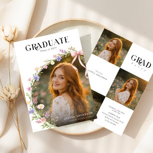 Wildflower Pink Bow Grad Party Photo Collage Invitation