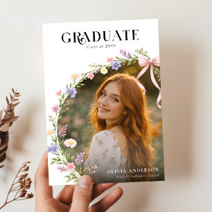 Wildflower Pink Bow Grad Party Photo Invitation Postcard