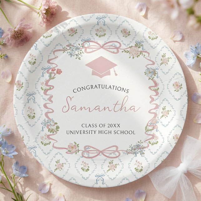 Wildflower Pink Bow Graduation Paper Plate (Creator Uploaded)