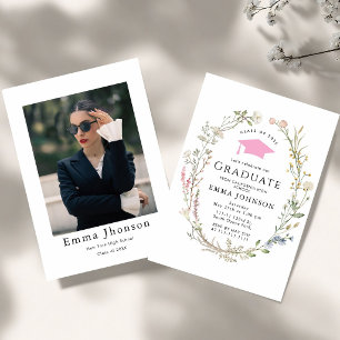 Wildflower Pink Bow Graduation Party Invitation