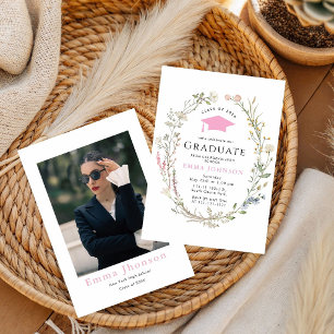Wildflower Pink Bow Graduation Party Invitation
