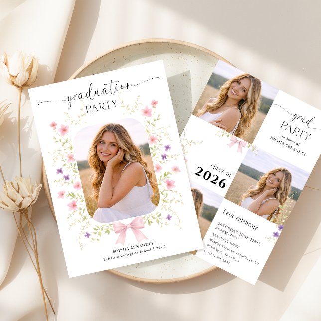 Wildflower Pink Bow Photo Collage Graduation Invitation (Creator Uploaded)