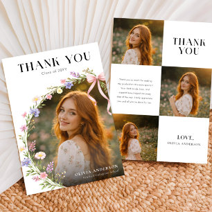 Wildflower Pink Bow Photo Collage Graduation Thank You Card