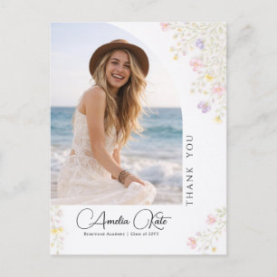 Wildflower Pink Bow Photo Graduation Thank You Postcard
