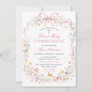 Wildflower Pink Butterfly First Holy Communion  Invitation