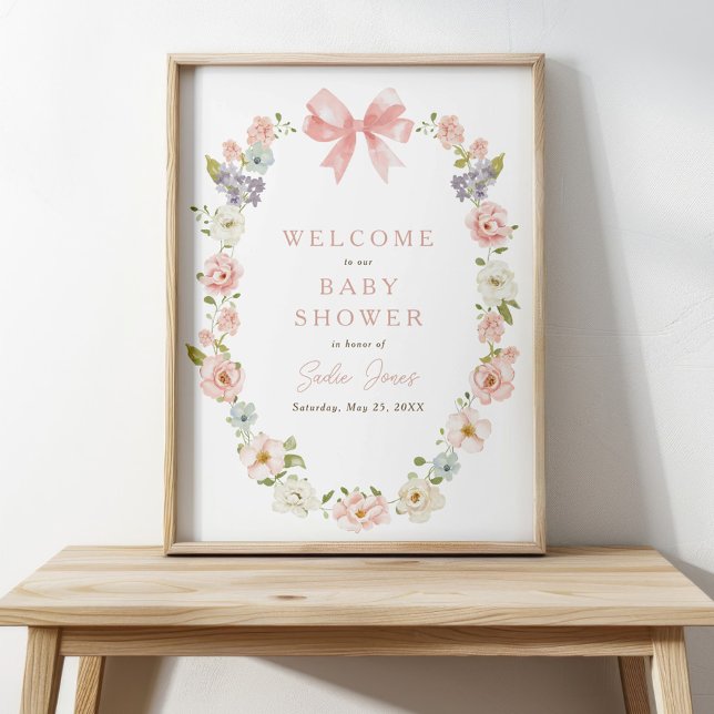 Wildflower Pink Floral Baby Girls Bow Baby Shower Poster (Creator Uploaded)