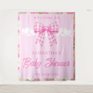 Wildflower Pink Gingham Bow Baby Shower Backdrop Tapestry