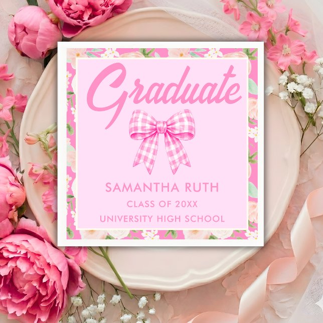 Wildflower Pink Gingham Bow Graduation Party Napkin (Creator Uploaded)