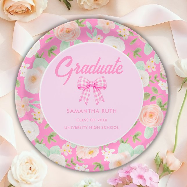 Wildflower Pink Gingham Bow Graduation Party Paper Plate (Creator Uploaded)