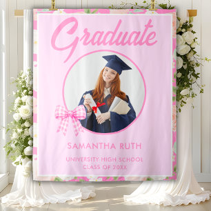 Wildflower Pink Gingham Bow Photo Grad Backdrop Tapestry
