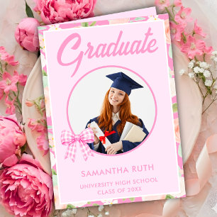 Wildflower Pink Gingham Bow Photo Graduation Card