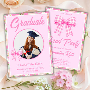Wildflower Pink Gingham Bow Photo Graduation Party Invitation