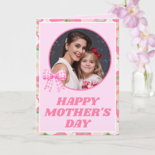 Wildflower Pink Gingham Bow Photo Mother's Day Card
