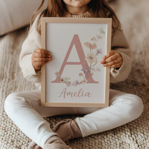Wildflower Pink Girl Nursery Name Art Monogram Poster
