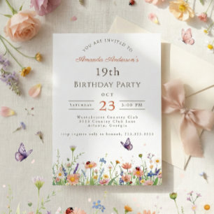 Wildflower Pink Purple Garden Party 19th Birthday Invitation