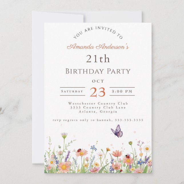 Wildflower Pink Purple Garden Party 21th Birthday Invitation (Front)