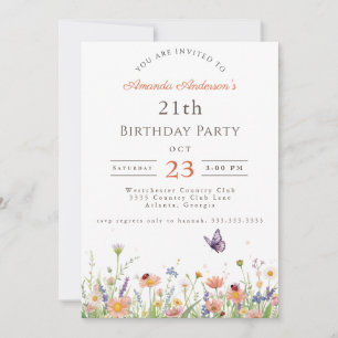 Wildflower Pink Purple Garden Party 21th Birthday Invitation