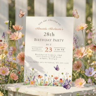 Wildflower Pink Purple Garden Party 28th Birthday Invitation
