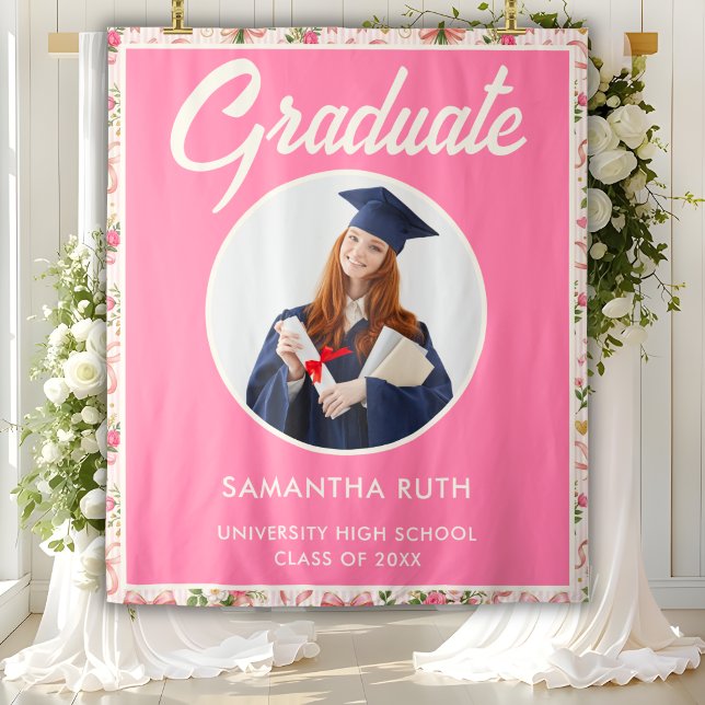 Wildflower Pink Striped Bows Graduation Backdrop Tapestry (Creator Uploaded)