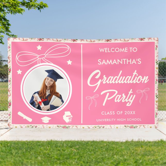 Wildflower Pink Striped Bows & Ribbons Graduation Banner (Outside)