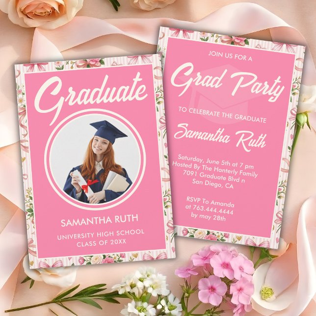 Wildflower Pink Striped Bows & Ribbons Graduation Invitation (Creator Uploaded)