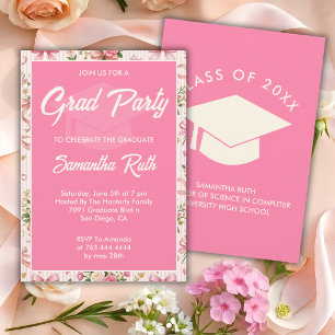 Wildflower Pink Striped Bows & Ribbons Graduation Invitation