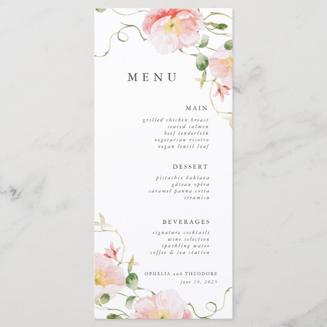 Wildflower Pink Watercolor Elegant Wedding Menu (Front)
