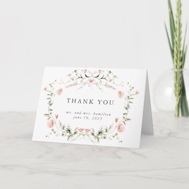 Wildflower Pink Watercolor Elegant Wedding Thank You Card (Front)