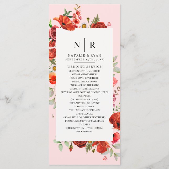 Wildflower Poppies Pink Monogram Wedding Programme (Front)