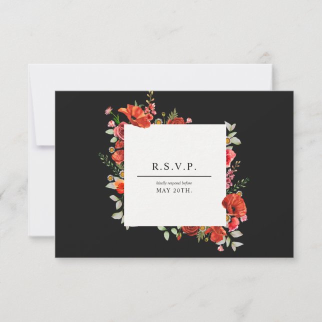 Wildflower Poppy Botanical Dark Wedding RSVP Card (Front)