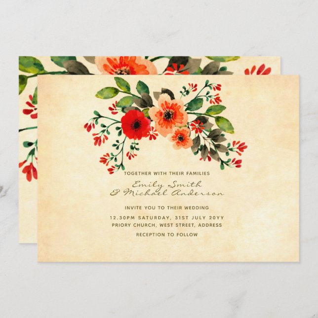 Wildflower Poppy Wedding Invitations Rustic (Front/Back)