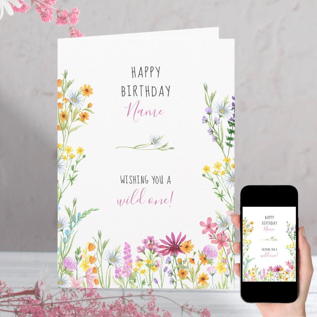 Wildflower Pretty Watercolor Wild One Birthday Card (Creator Uploaded)