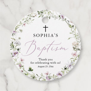 Wildflower Purple Baptism Round Favour Tags Girl